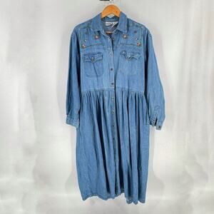 Vintage Capacity Denim Midi Dress Embroidered Floral Western Size Large Cottage